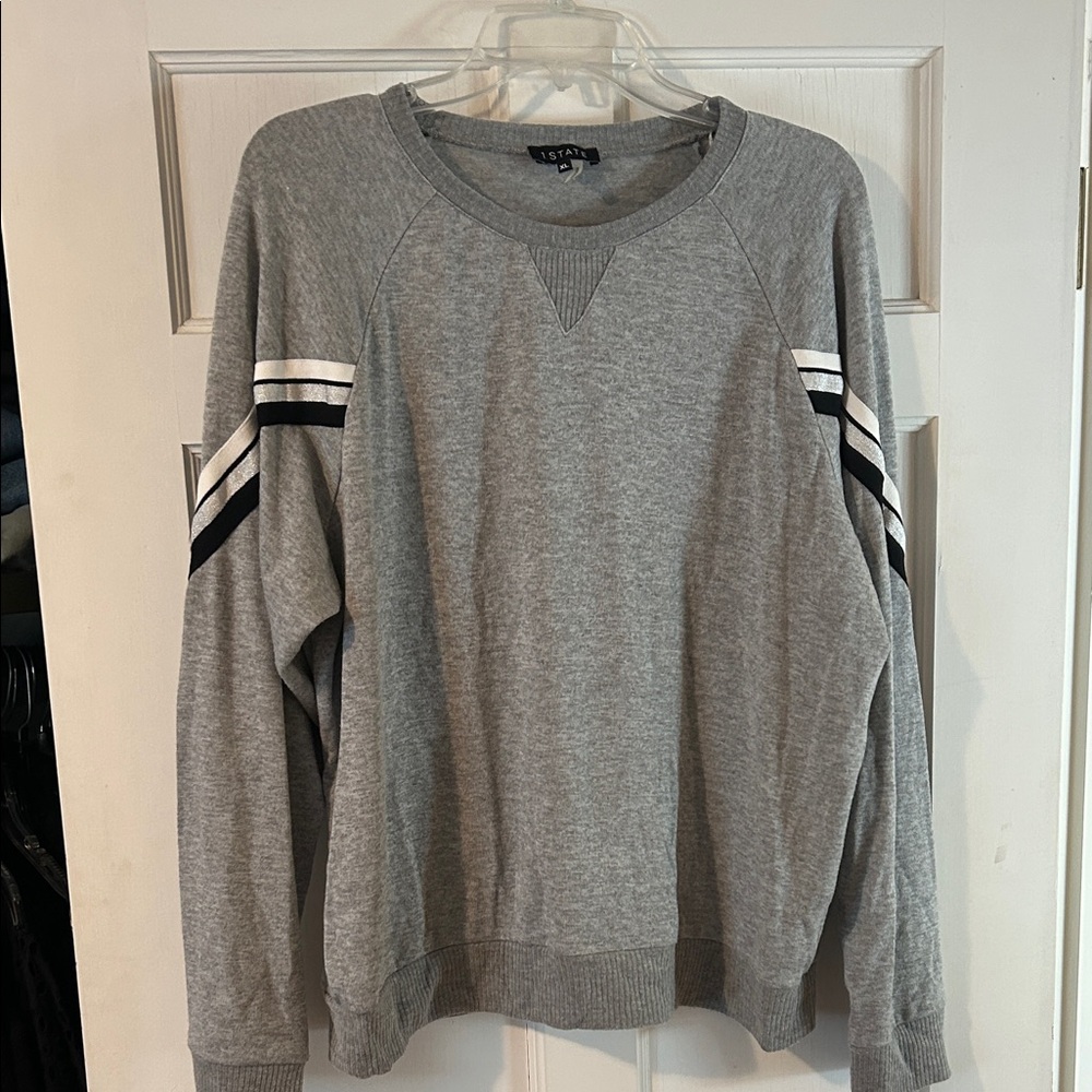 1. State Gray Crewneck Sweatshirt with Black and White Stripes
